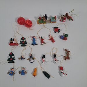 VTG Tiny Ornaments Small Wood Kitchy Christmas Snowman Tree Angel Tree Decor